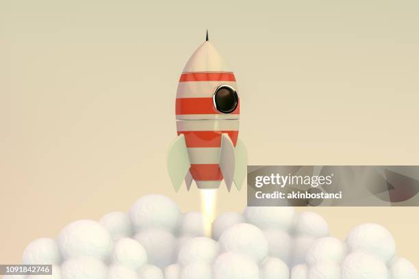 3d render retro rocket with clouds - 3d rocket stock pictures, royalty-free photos & images