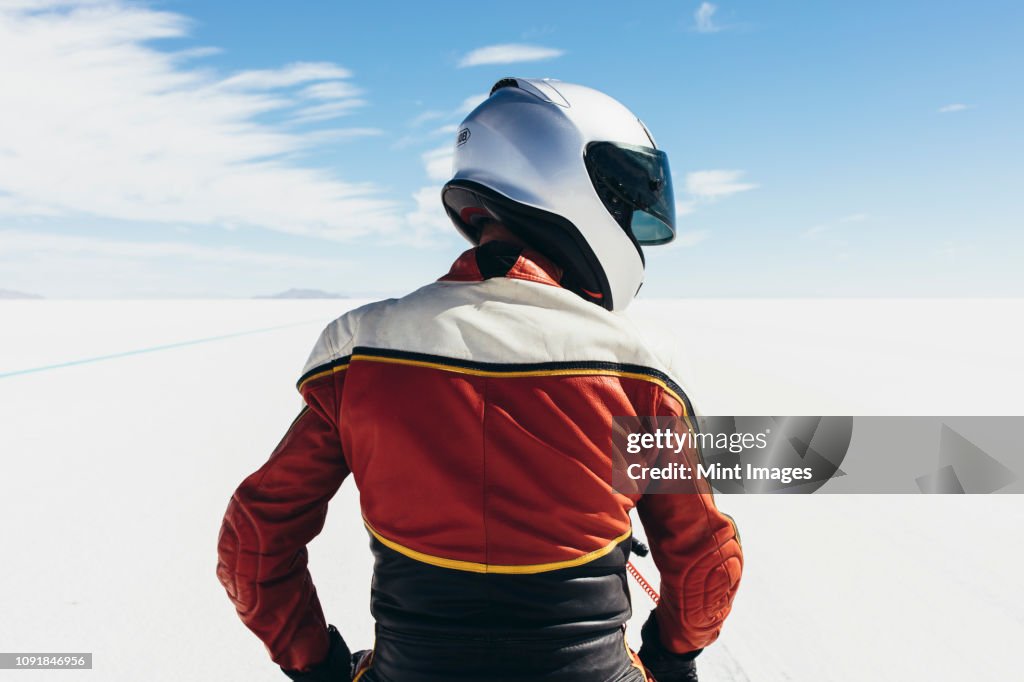 View from behind of motorcyclist at start line on the Salt Flats