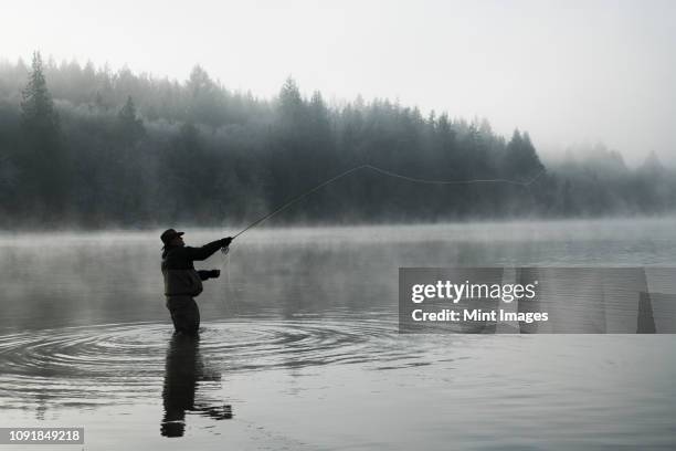 silhouette of fisherman fly fishing for salmon and sea run cutthroat trout - north pacific stock pictures, royalty-free photos & images