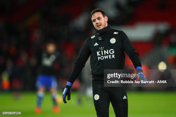 Danny Ward of Leicester City warms up prior to the Premier League match between Liverpool FC and Leicester City at Anfield on January 30, 2019 in...