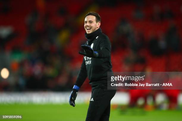 Danny Ward of Leicester City warms up prior to the Premier League match between Liverpool FC and Leicester City at Anfield on January 30, 2019 in...