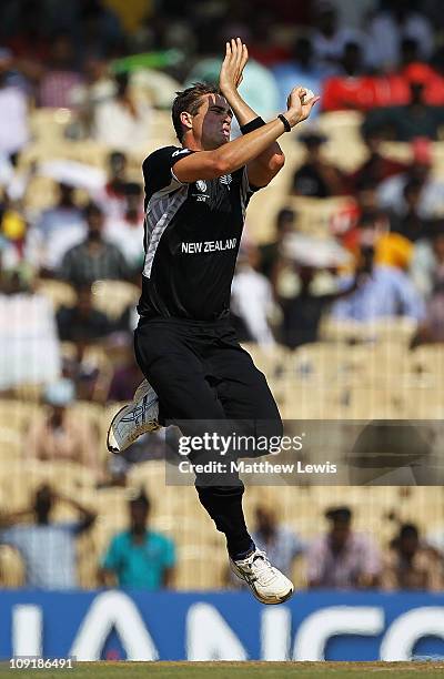 Tim Southee of New Zealand in action during the 2011 ICC World Cup Warm up game against India and New Zealand at the MA Chidambaram Stadium on...