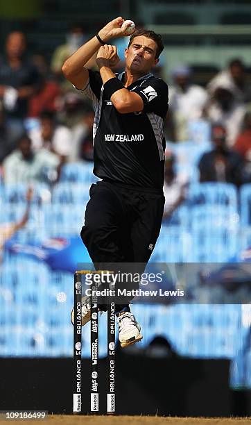 Tim Southee of New Zealand in action during the 2011 ICC World Cup Warm up game against India and New Zealand at the MA Chidambaram Stadium on...