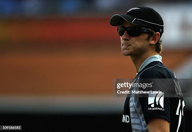 Kane Williamson of New Zealand looks on during the 2011 ICC World Cup Warm up game against India and New Zealand at the MA Chidambaram Stadium on...