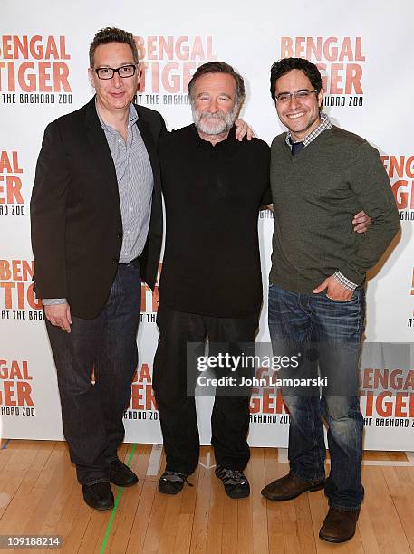 Moises Kaufman, Robin Williams and Rajiv Joseph attends "Bengal Tiger at the Baghdad Zoo" Broadway cast photo call at The New 42nd Street Studios on...