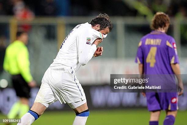 Giampaolo Pazzini of FC Internazionale Milano celebrates after scoring a goal during the Serie A match between ACF Fiorentina and FC Internazionale...