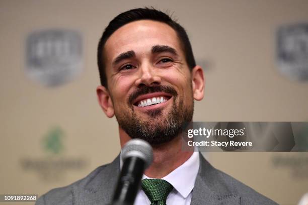 Matt LaFleur speaks during a press conference to be introduced as head coach of the Green Bay Packers at Lambeau Field on January 09, 2019 in Green...