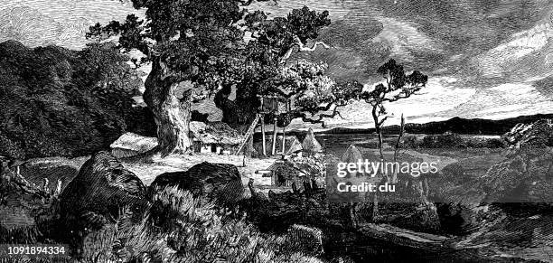 old germanic court under a huge tree - stone age stock illustrations