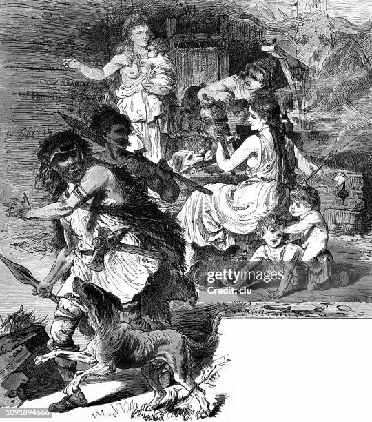 stone age: domestic family scene in a pile dwelling - stone age stock illustrations