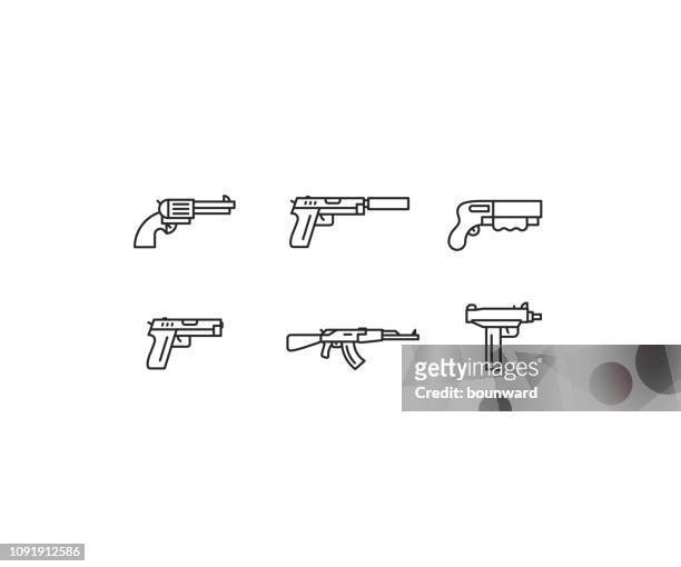ilustraciones, imágenes clip art, dibujos animados e iconos de stock de esquema arma arma iconos - kalashnikov