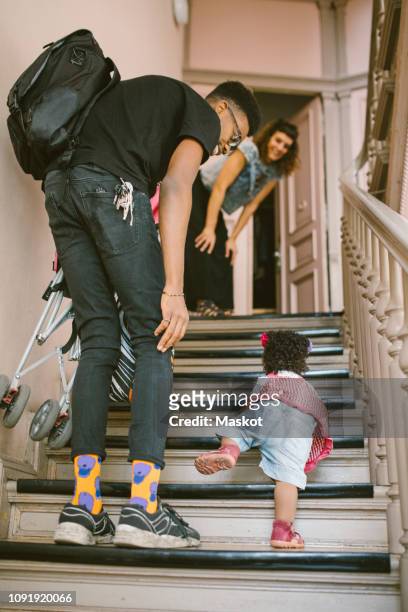 father and mother looking at baby girl climbing steps in apartment - family tree stockfoto's en -beelden
