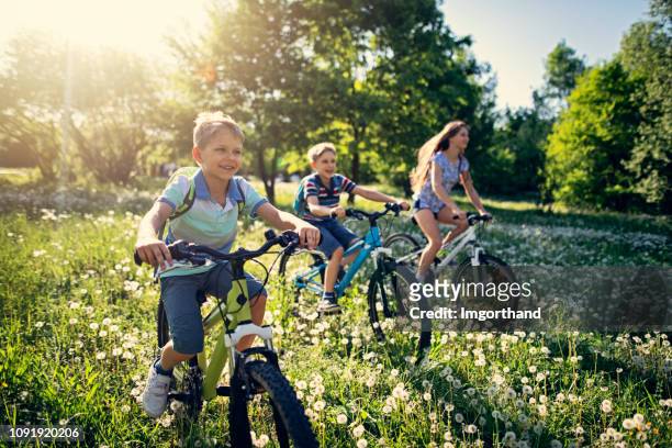 bambini in bicicletta nel campo di tarassaco - ciclismo gruppo foto e immagini stock