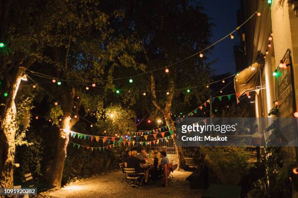 multi-ethnic friends enjoying dinner party in illuminated backyard - fiesta de jardín fotografías e imágenes de stock