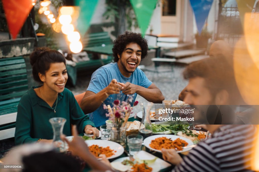 Cheerful male and female friends enjoying during dinner party in backyard