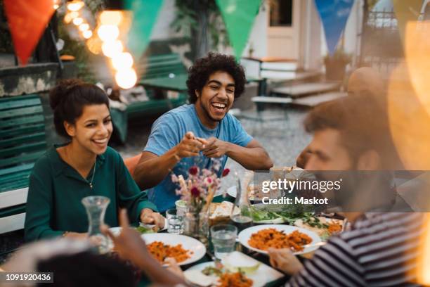 cheerful male and female friends enjoying during dinner party in backyard - serving size 個照片及圖片檔