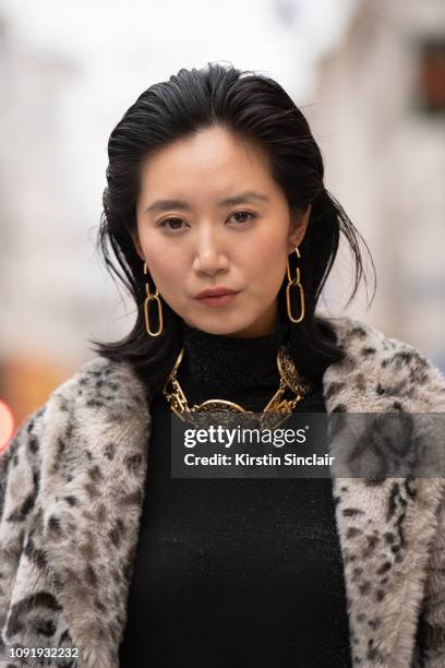 Model and Actress Betty Bachz wears a leopard print faux fur coat during London Fashion Week Men's January 2019 on January 07, 2019 in London,...
