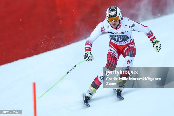 Hannes Reichelt of Austria in action during the Audi FIS Alpine Ski World Cup Men's Downhill Training on January 31, 2019 in Garmisch Partenkirchen,...