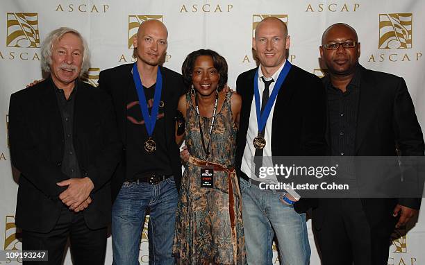 Todd Brabec of ASCAP, Mikkel Eriksen, Jeanie Weems of ASCAP, Tor Hermansen and Timothy Blacksmith