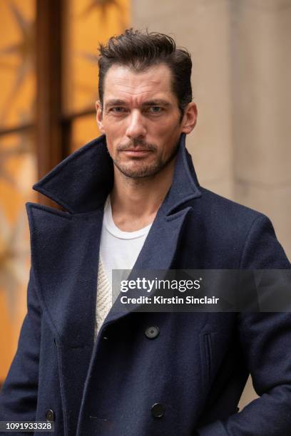 Model David Gandy wears a David Gandy for Marks and Spencers coat during London Fashion Week Men's January 2019 on January 07, 2019 in London,...