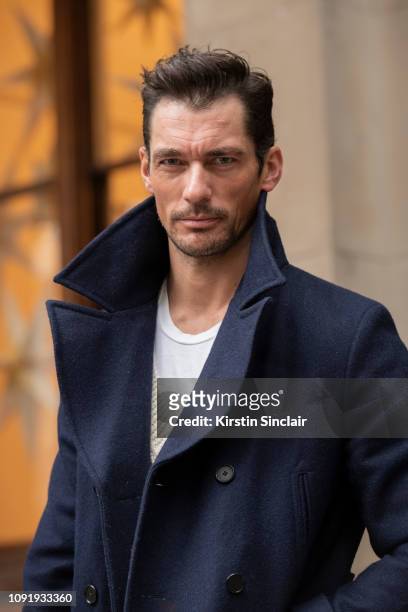 Model David Gandy wears a David Gandy for Marks and Spencers coat during London Fashion Week Men's January 2019 on January 07, 2019 in London,...