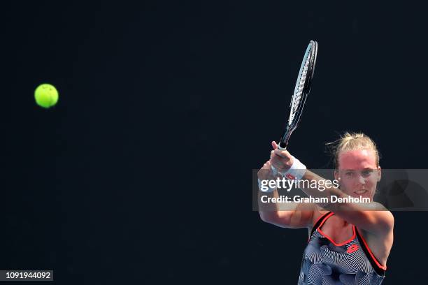 Richel Hogenkamp of the Netherlands plays a backhand in her match against Isabelle Wallace of Australia during day three of Qualifying ahead of the...