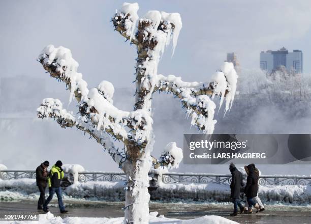 People walk by trees covered in ice from the mist of the falls in Niagara Falls, Ontario, Canada on January 31, 2019. - A brutal cold wave moved...