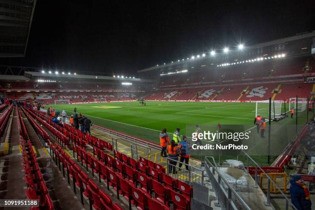 General view of the inside of Anfield during the Premier League match between Liverpool and Leicester City at Anfield on January 30, 2019 in...