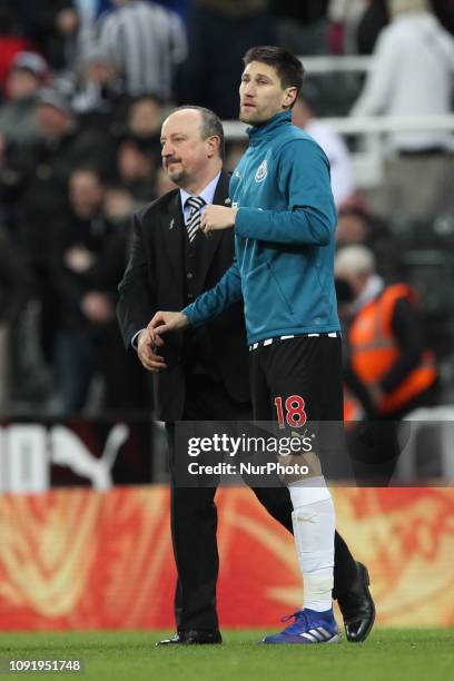 Newcastle United manager Rafa Benitez and Federico Fernndez celebrate at the end of the Premier League match between Newcastle United and Manchester...