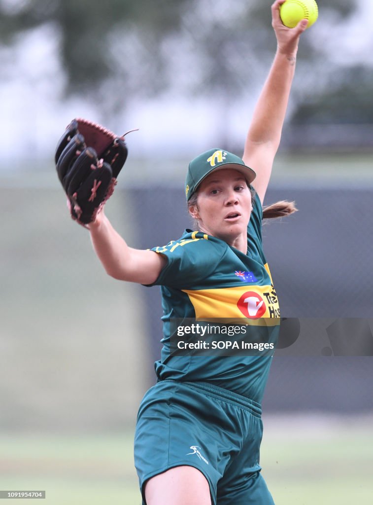 Kaia Parnaby, pitcher for the Travelodge Aussie Spirit seen...