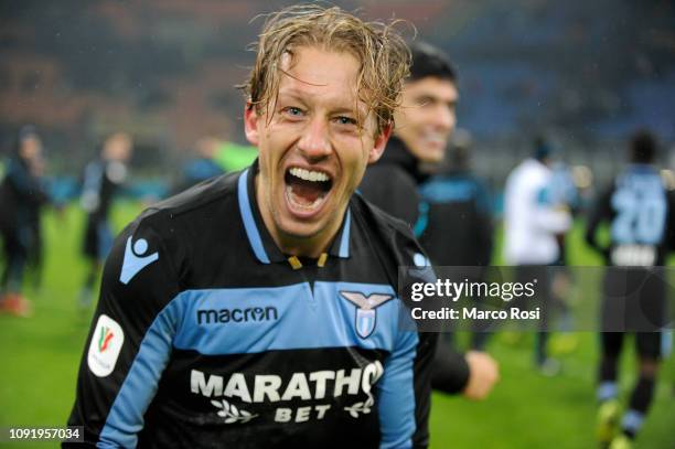 Lucas Leiva of SS Lazio celebrates the win after a penalty shootout for the Coppa Italia match between FC Internazionale and SS Lazio at Stadio...