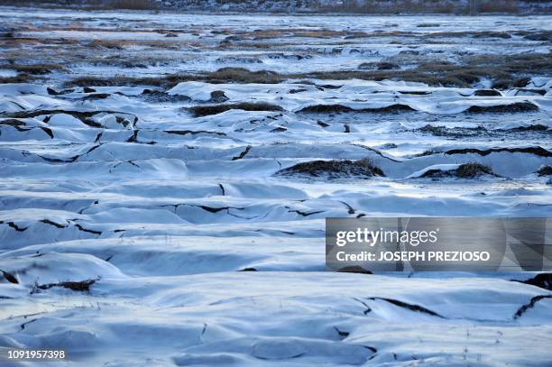 The marsh around Logan Airport in Boston, Massachusetts remains frozen January 31, 2019 on a day where over 2000 flights were cancelled and delayed...