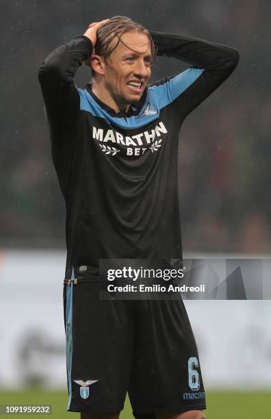 Lucas Leiva of SS Lazio shows his dejection during the Coppa Italia match between FC Internazionale and SS Lazio at Stadio Giuseppe Meazza on January...