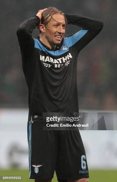 Lucas Leiva of SS Lazio shows his dejection during the Coppa Italia match between FC Internazionale and SS Lazio at Stadio Giuseppe Meazza on January...
