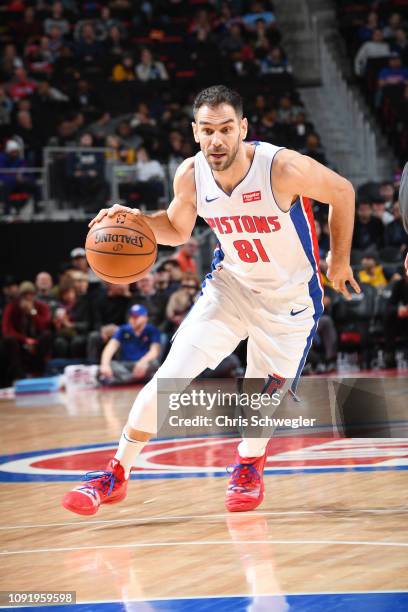 Jose Calderon of the Detroit Pistons handles the ball during the game against the Dallas Mavericks on January 31, 2019 at Little Caesars Arena in...