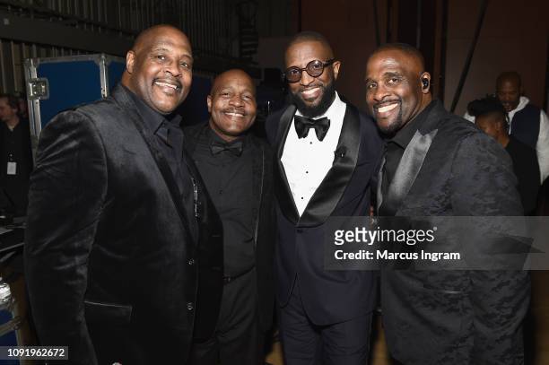 Marvin Winans, Michael Winans, Rickey Smiley and Carvin Winans pose backstage at the 2019 Super Bowl Gospel Celebration at Atlanta Symphony Hall on...