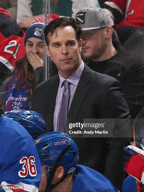 Head coach David Quinn of the New York Rangers looks on from the bench during the second period of the game against the New Jersey Devils at the...