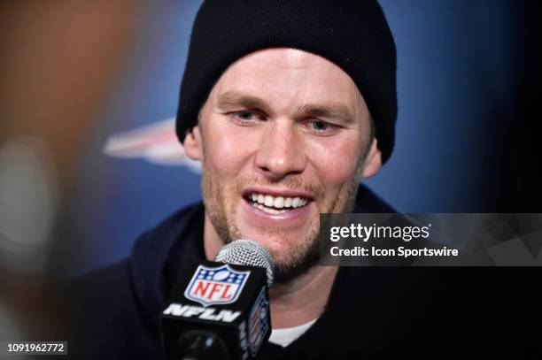 New England Patriots quarterback Tom Brady talks to members of the media during a New England Patriots press conference for Super Bowl LIII on...