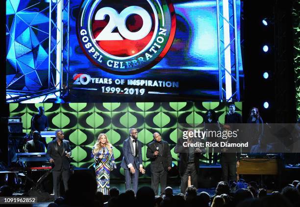 Carvin Winans, Tamia, Rickey Smiley, Michael Winans, Marvin Winans and Isaac Carree perform onstage at the 2019 Super Bowl Gospel Celebration at...