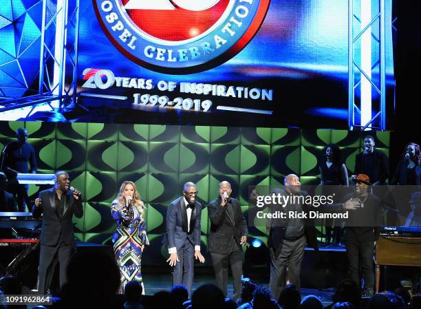 Carvin Winans, Tamia, Rickey Smiley, Michael Winans, Marvin Winans and Isaac Carree perform onstage at the 2019 Super Bowl Gospel Celebration at...