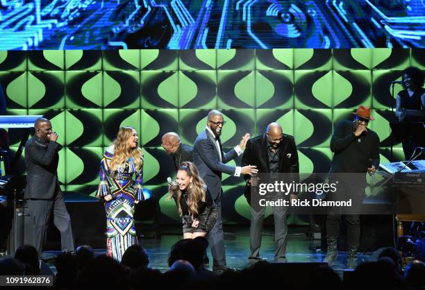 Carvin Winans, Tamia, Rickey Smiley, Michael Winans, Marvin Winans and Isaac Carree perform onstage at the 2019 Super Bowl Gospel Celebration at...
