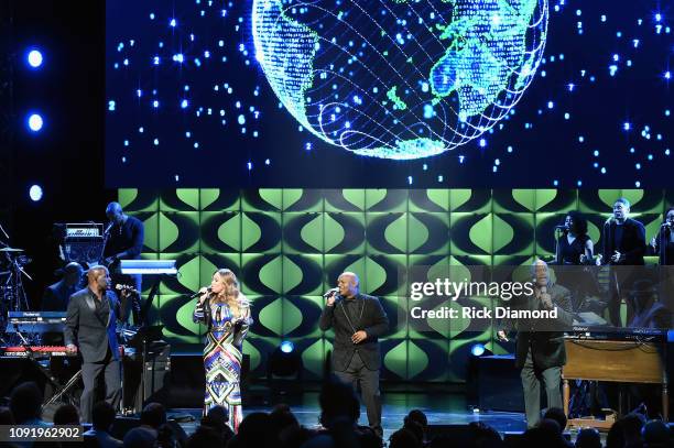 Carvin Winans, Tamia, Rickey Smiley, Michael Winans, Marvin Winans and Isaac Carree perform onstage at the 2019 Super Bowl Gospel Celebration at...