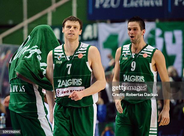 Martynas Pocius, #7 and Mantas Kalnietis, #9 of Zalgiris Kaunas look on during the 2010-2011 Turkish Airlines Euroleague Top 16 Date 4 game between...