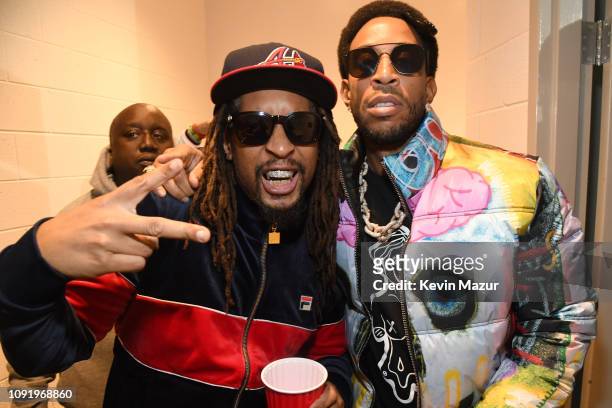 Lil Jon and Ludacris pose backstage during Bud Light Super Bowl Music Fest / EA SPORTS BOWL at State Farm Arena on January 31, 2019 in Atlanta,...