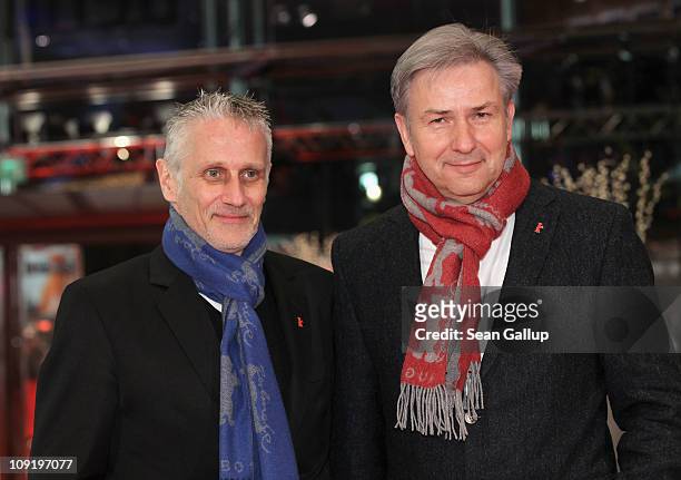 Berlin's mayor Klaus Wowereit and partner Joern Kubicki attend the 'Mein Bester Feind' Premiere during day seven of the 61st Berlin International...