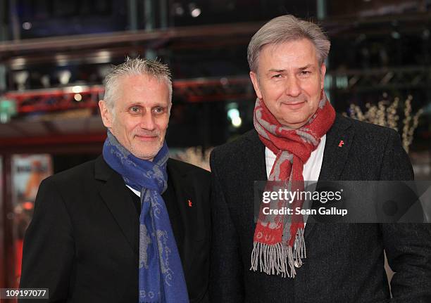 Berlin's mayor Klaus Wowereit and partner Joern Kubicki attend the 'Mein Bester Feind' Premiere during day seven of the 61st Berlin International...