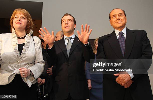 Russian President Dmitry Medvedev and Italian Prime Minister Silvio Berluskoni visit an art museum on February 16,2011 in Rome, Italy. Russian...