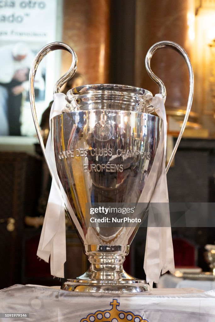 Real Madrid Offers Champions League Trophy At The Church Of San Antón