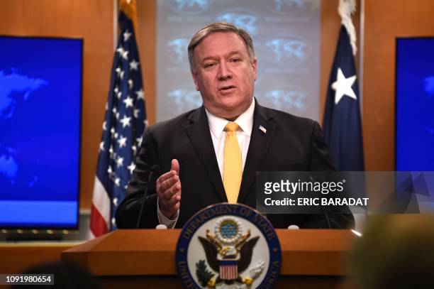Secretary of State Mike Pompeo speaks at a press briefing in the State Department in Washington, DC, on February 1, 2019. - Pompeo announced that the...