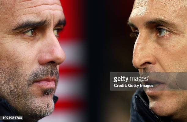 In this composite image a comparison has been made between Pep Guardiola, manager of Manchester City and Arsenal manager Unai Emery. Manchester City...