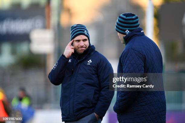 Dublin , Ireland - 1 February 2019; Ireland head coach Adam Griggs, left, with scrum coach Mike Ross prior to the Women's Six Nations Rugby...